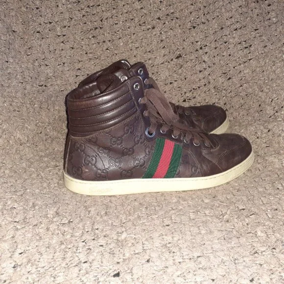 GUCCI-GG High Top 'Guccisima'-Brown Leather Hi-Top Sneakers-Sz 8.5-Excellent - Picture 5 of 11
